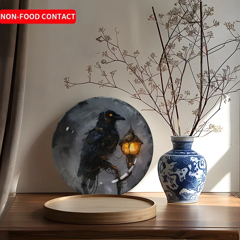 1pc Vintage Ceramic Decorative Plate - Black Bird & Lantern Art, Non-Food Contact Home Wall Decor for Living Room, Entryway,