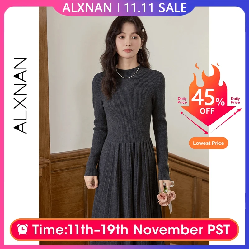 

ALXNAN Women's Knitted Dress Autumn Winter Long Warm A-line Dresses Elegant Office Style Casual Long Sleeve Midi Dress L52017