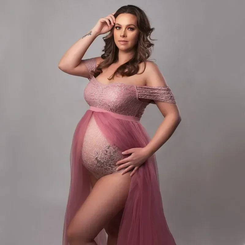 Maternity Photography Tulle Dresses Bodysuit Outfit Pregnant Woman Photo Shoot Sides Slit with Tulle Lace Long Flying Dress