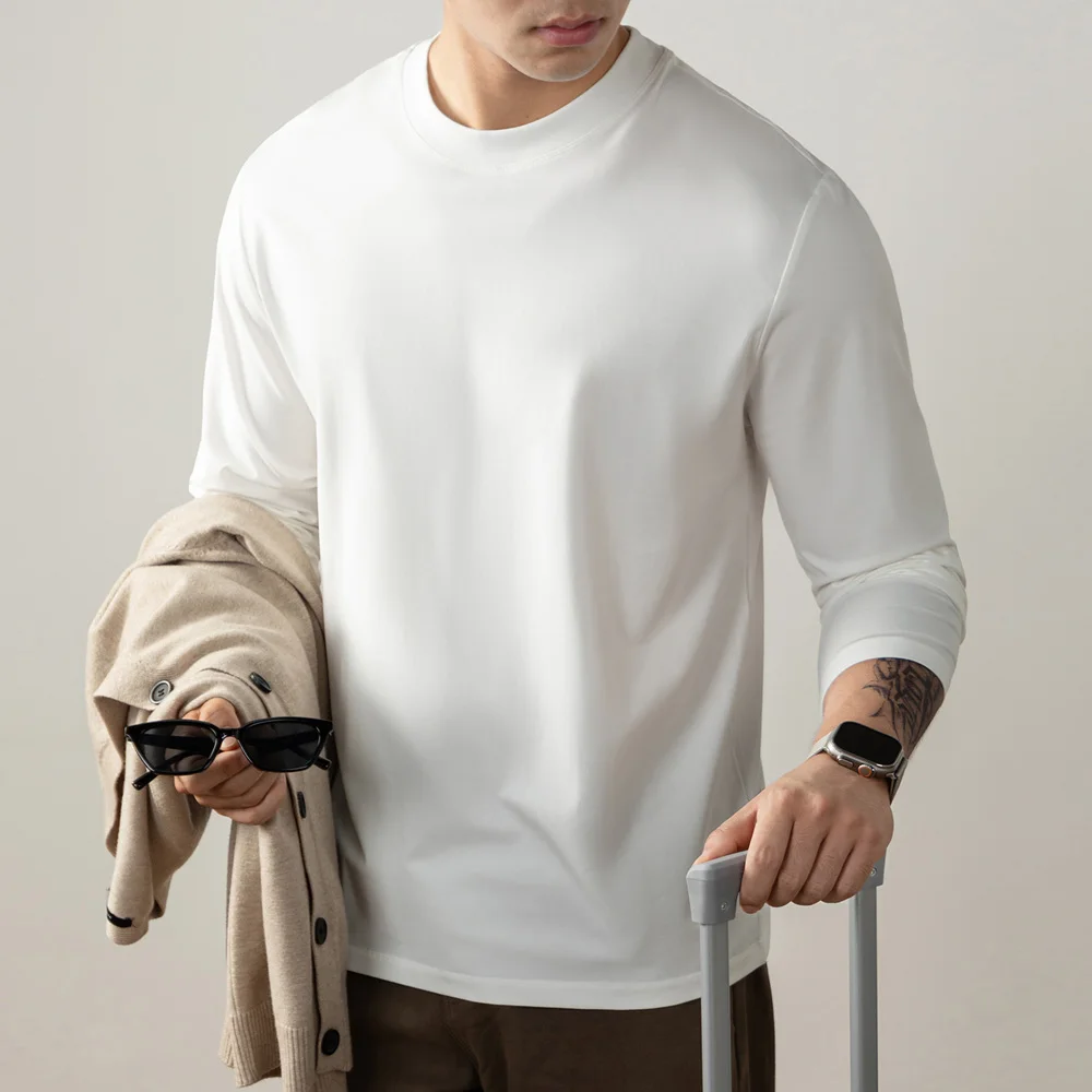 Men Soft Comfortable Elasticity Fabric Cotton Long Sleeve Loose Casual T-shirt High-end Skin-friendly Bottom T Shirts Tops