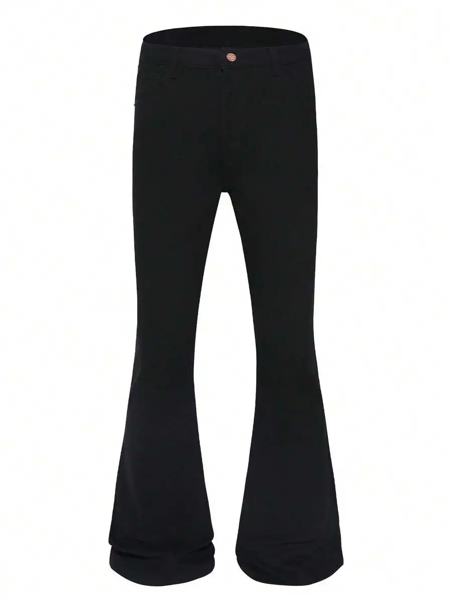 Mens Flared Bell Bottom Pants Slim Fit Solid Black Casual Trousers