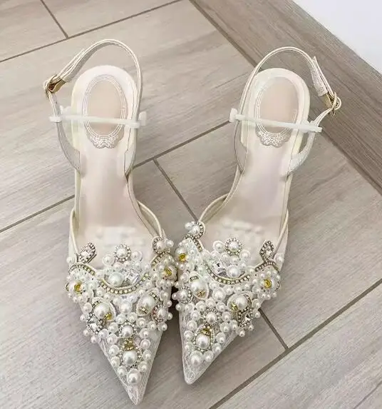 

Multi-color Diamond Rhinestone Pearl Wedding Lace Sandals Women Pointed Toe Ankle Strap High Heels Woman Shoes