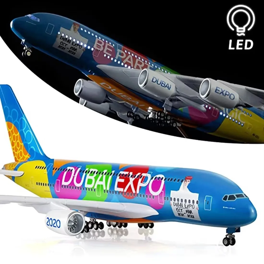 1:160 Scale Large Model Airplane Airbus 380 Plane Emirates Airplanes with LED Light for Collection Gift Office Desktop Decorati