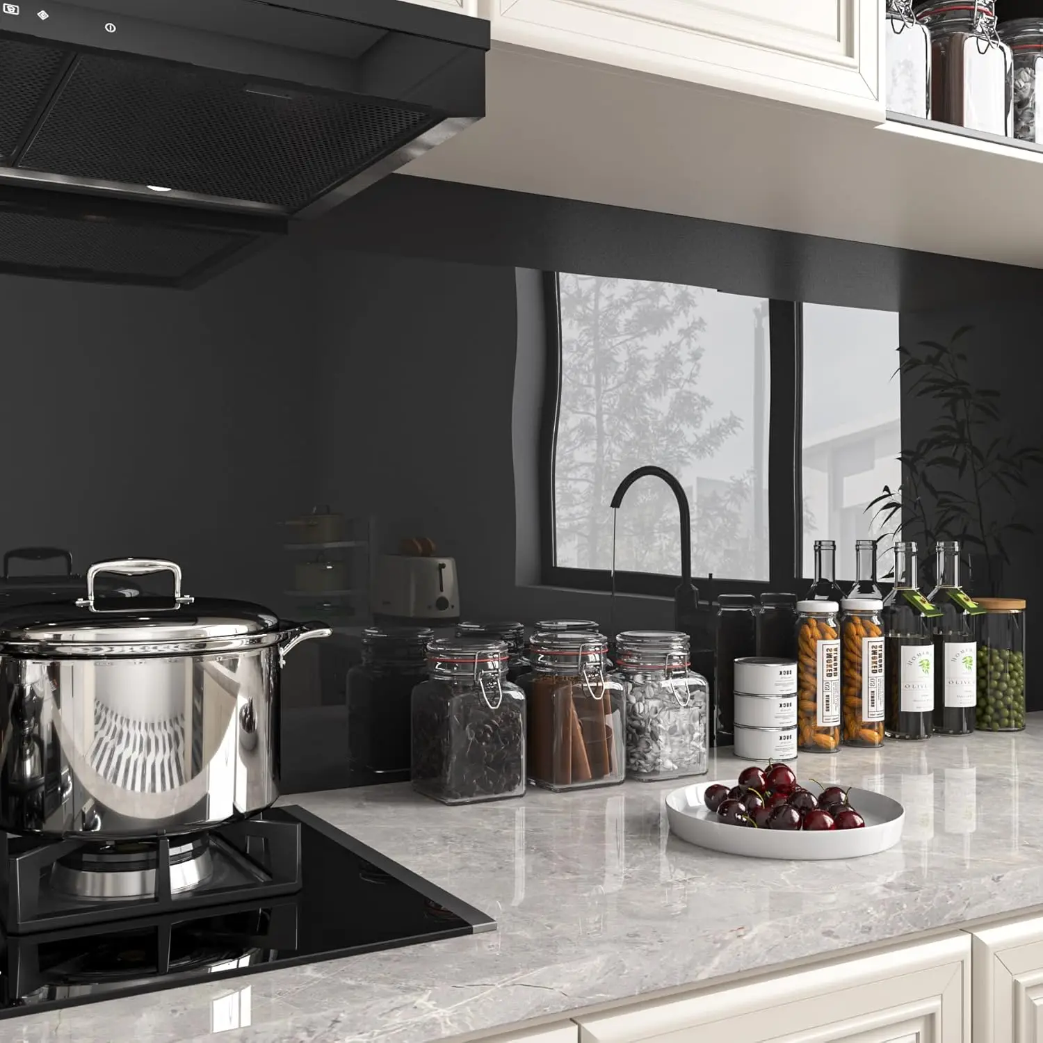 「Self-Adhesive Waterproof Vinyl Wallpaper」High-Gloss Black PVC Film for Kitchen Cabinets, Stove Backsplash, Bathroom - Heat & Oi