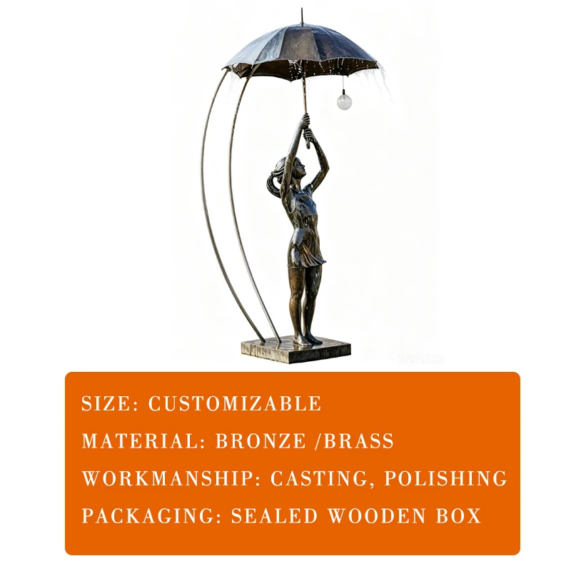 Custom Modern Cast Bronze Girl Umbrella Fountain Sculpture Life Size Figure Water Feature Statue Outdoor Garden Plaza