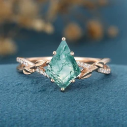 Dainty Kite Shape Natural Stone Green Moss Grass Agate Ring 925 Sterling Silver Half Eternity Rings For Women Wedding Gifts