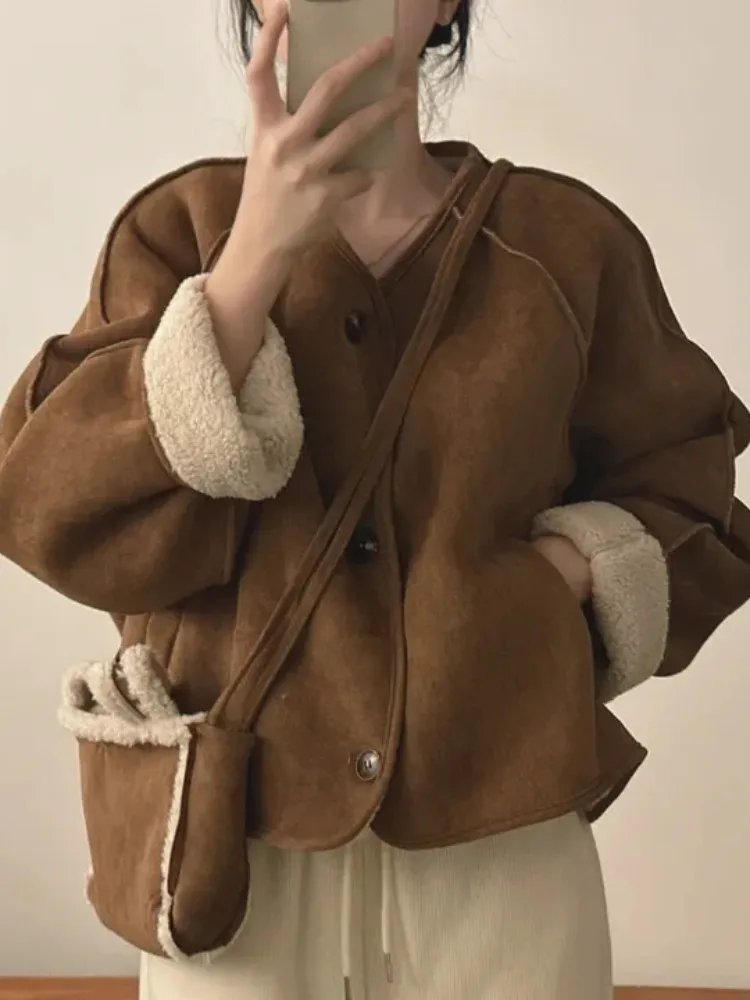 Chic Herbst Winter Thiened Warm Lammfell Jaet Damen Faion Simple Sli Inteated Leder und Pelzmantel mit Tasche