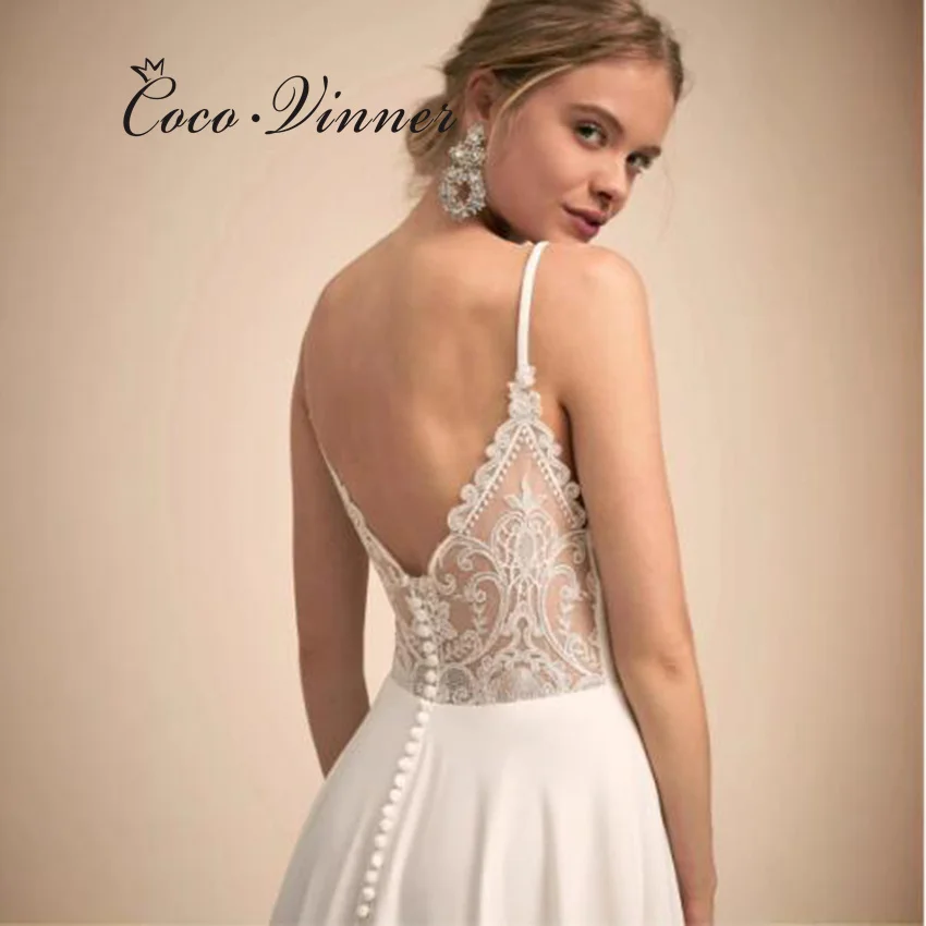 เปลือยโบสถ์รถไฟหรูหราชุดแต่งงานสายที่กําหนดเองคอวีแขนกุดปุ่มกลับชุดเจ้าสาวที่เรียบง่ายสําหรับผู้หญิงW1323