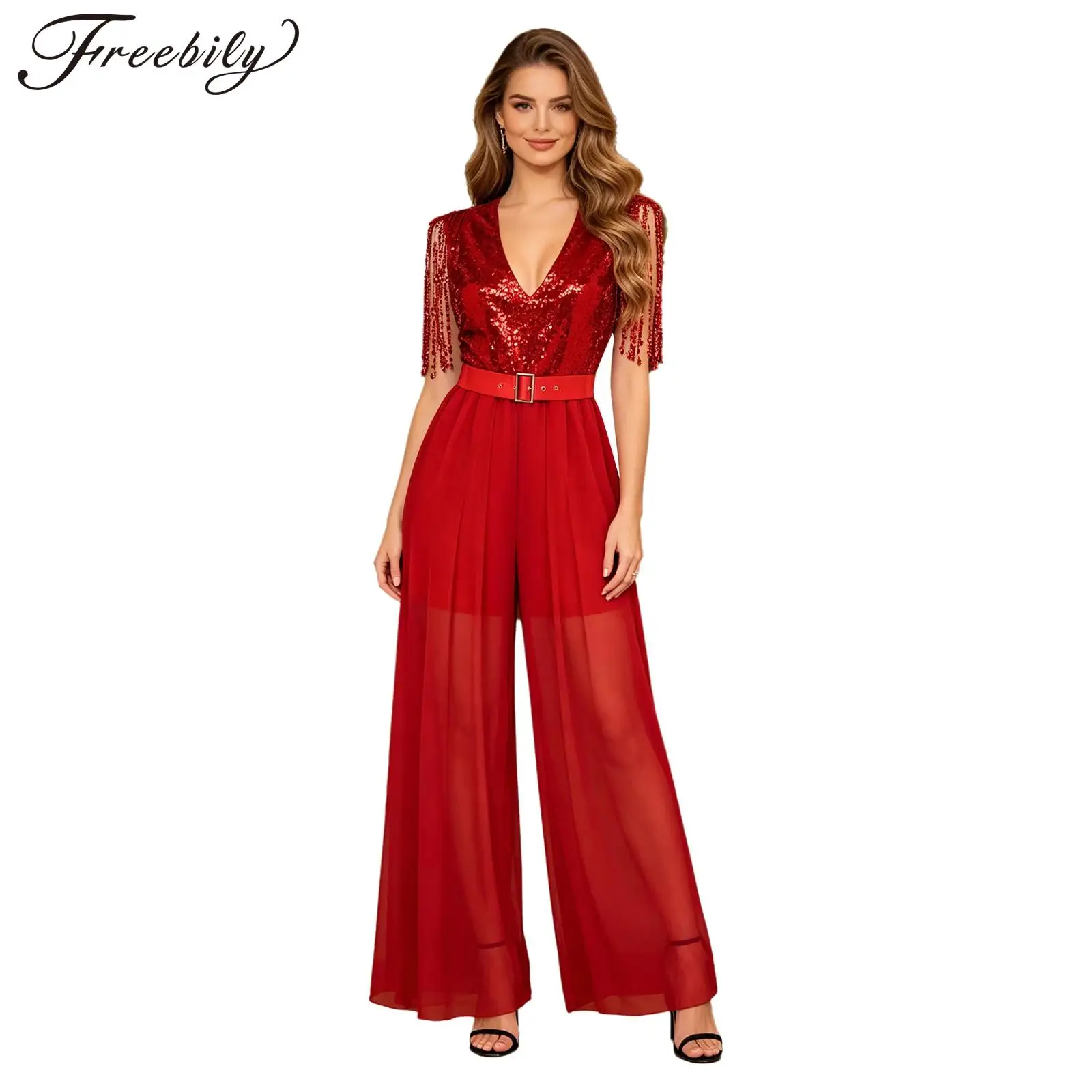 Women Cocktail Club Party Romper Tassel Sequin Jumpsuits Fringe Jumpsuit Evening Costume 70s 80s Disco Outfit Wide Leg Pants