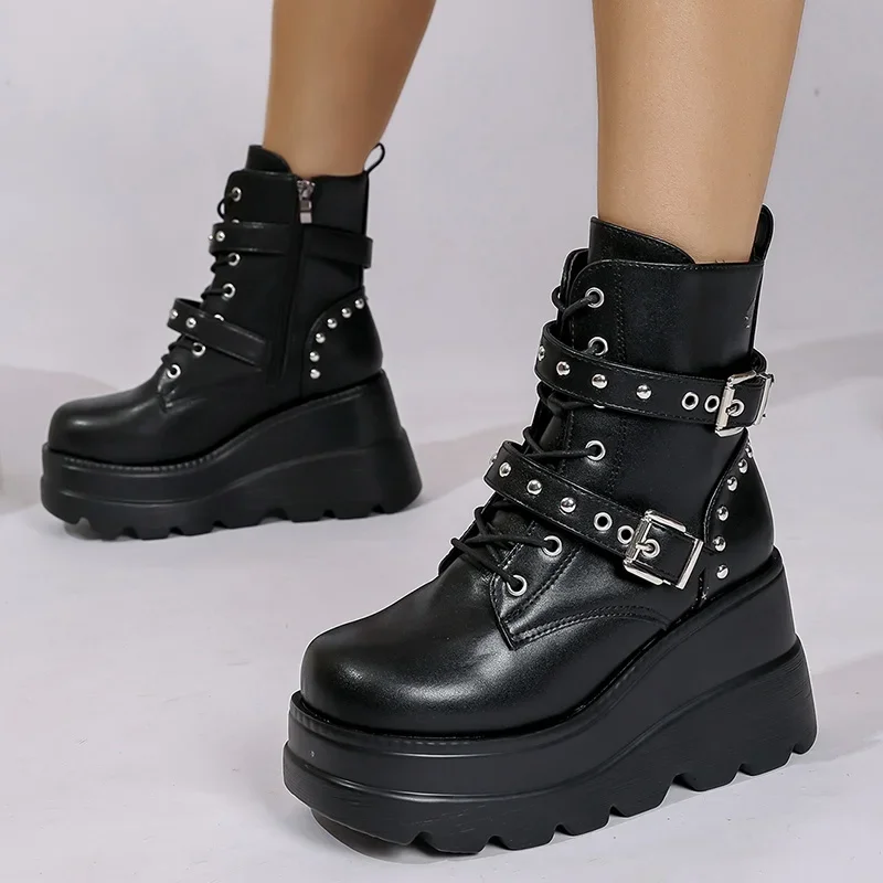 

Women's Gothic Chunky Platform Ankle Boots Thick Bottom Wedges PU Leather Combat Shoes Woman Rivet Buckle Decor Black Punk Boots