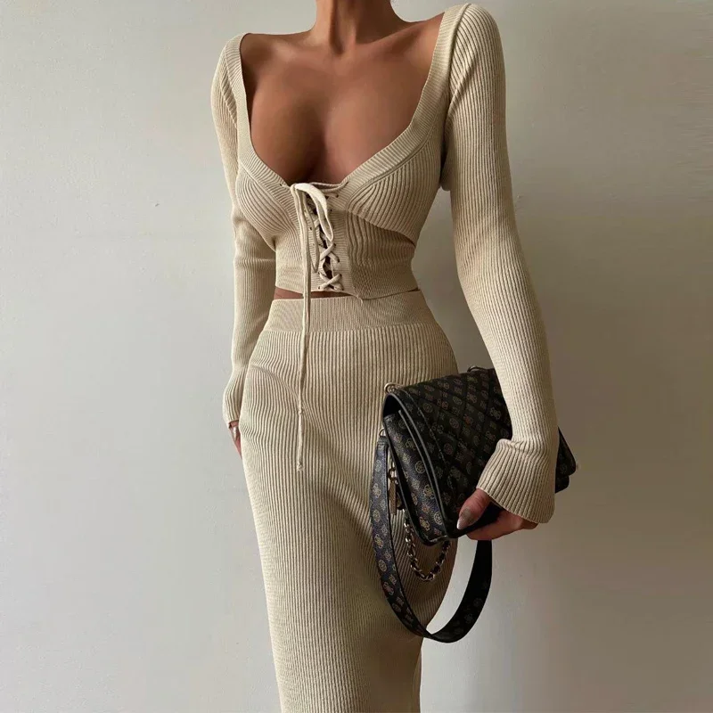 White Knit Two Piece Set Women Outfit 2024 Autumn Winter Ribbed Crop Top And Long Skirt Skirt Sets Fashion Hot Night Club Outfit