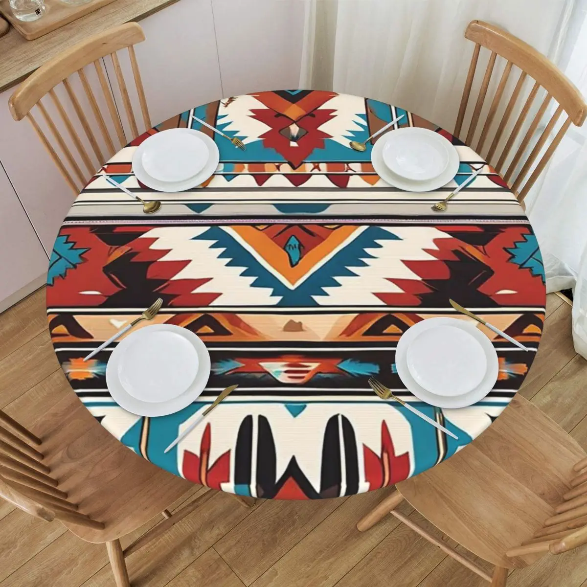 Navajo Watercolor Pattern Waterproof Round Tablecloth Oilproof Table Cloth for Kitchen Events Dining Table Cover