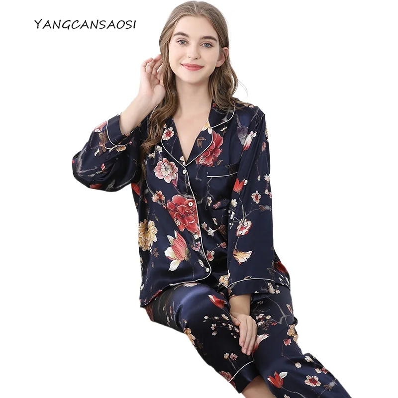 Women's Spring/Autumn New Heavyweight 100% Natural Mulberry Silk Loose Two Piece Set Long Sleeve Casual Home Wear Pajama Set