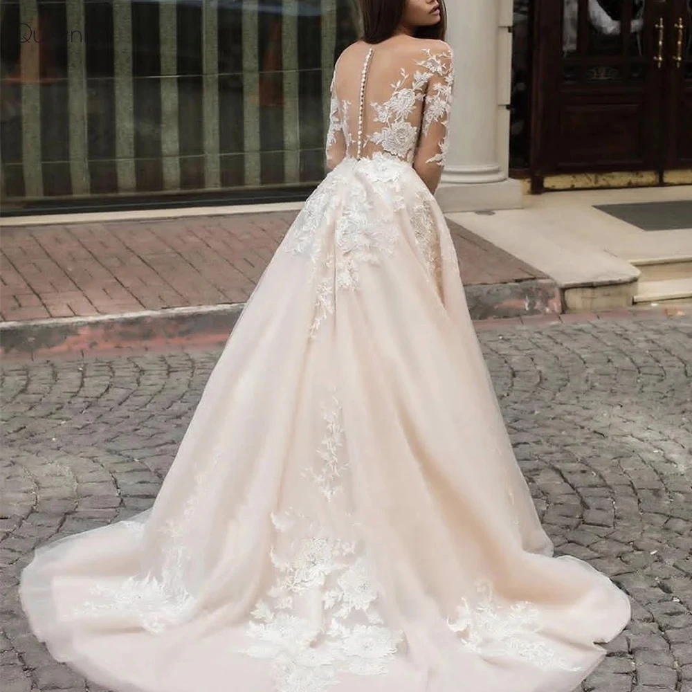 Vestidos de casamento requintados para mulheres, vestidos de noiva, apliques de renda, mangas compridas, o pescoço, vintage, luxo, 2024