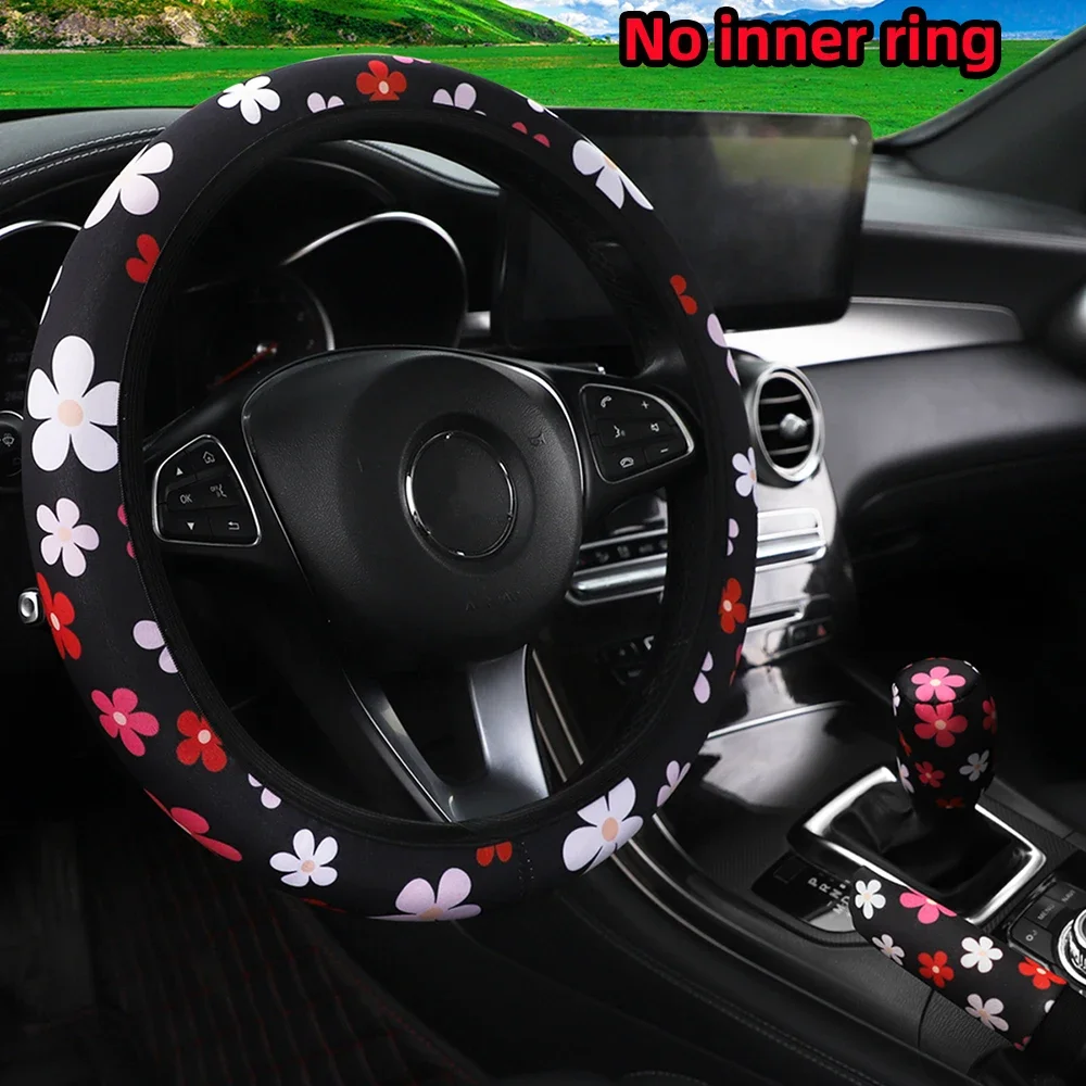 3 Pieces of Fabric Checker Flower Spider Web Car without Inner Ring Steering Wheel Cover Handbrake Cover Handle Cover