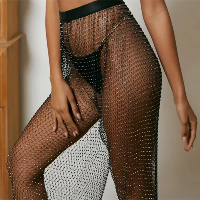 Crystal Diamond Wide Leg Pants Womens Pants Fashion 2023 Beach Sexy Fishnet Loose Trousers Lady Elegant Long Pant