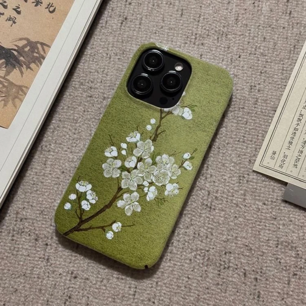 النمط الصيني الأخضر زهر البرقوق الفني قضية الهاتف آيفون 17 16 15 14 11 12 13 برو ماكس الهواء زائد الغطاء الخلفي