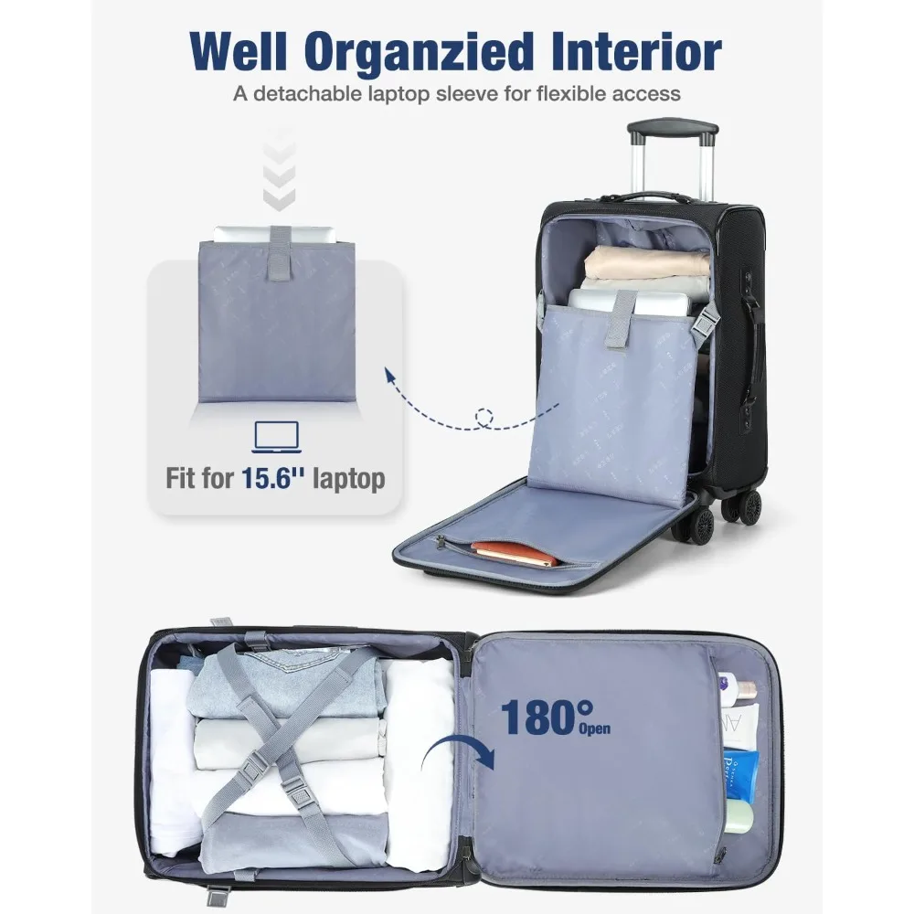 20-дюймовый чемодан для ручной клади Softside, одобренный авиакомпанией и колесами для мужчин и женщин — дорожный деловой чемодан черного цвета