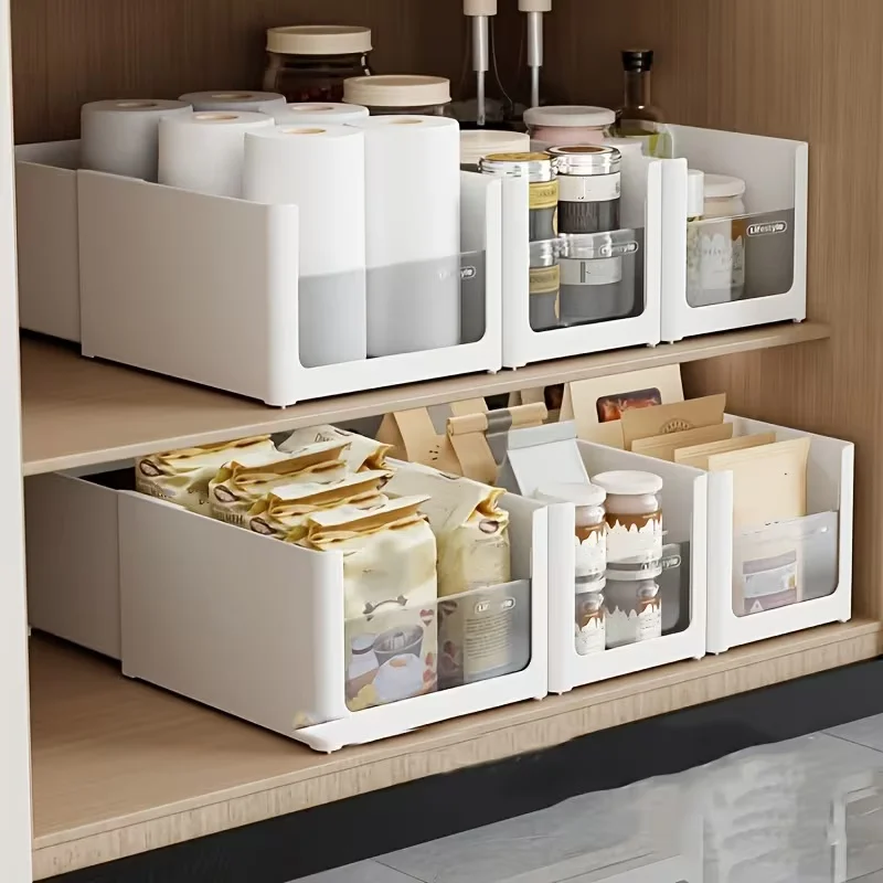 

2Pcs/Simple Pull-Out Kitchen Storage Box, Stackable Rectangular Plastic Storage Organizer, Extendable