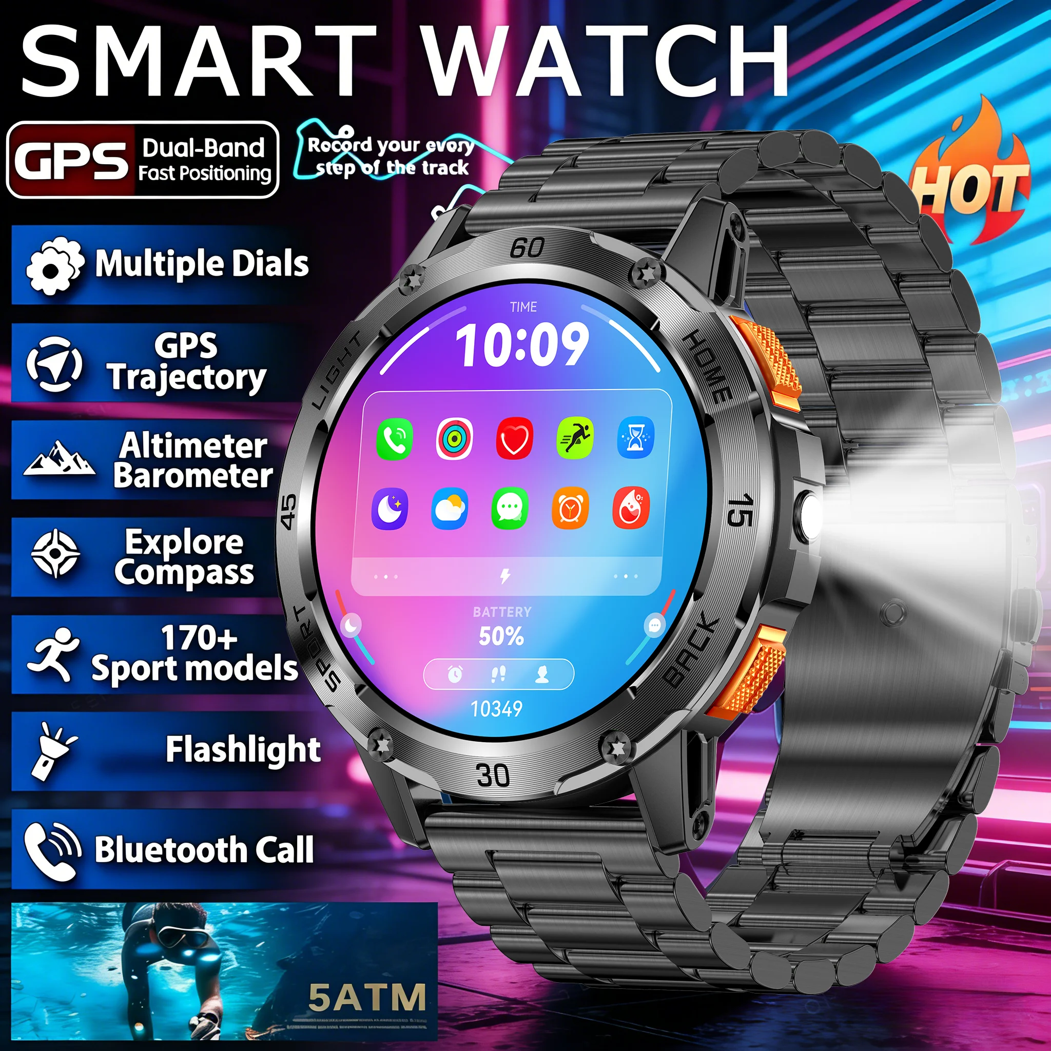 

2026NEW Smartwatch GPS LEDFlashlight Waterproof Wireless Call Sports Modes Health monitoring Compass HD screen Compass MEN WOMEN