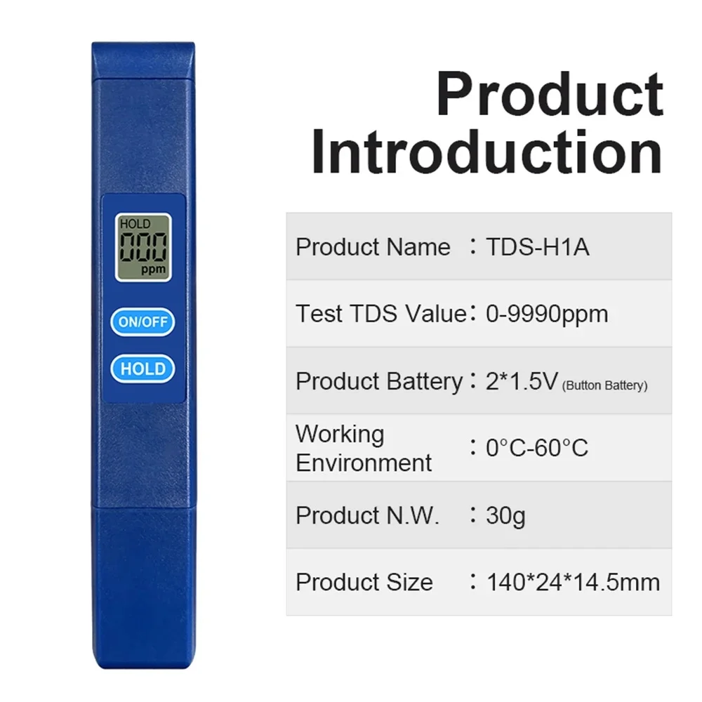 قلم اختبار جودة المياه TDS المحمول، كاشف مسبار السبائك 0-999ppm مع شاشة LCD للشرب/حمام السباحة/زراعة الأحياء المائية/الزراعة