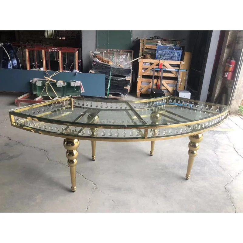 custom.Luxury Golden Stainless Steel Round Glass Top Wedding Event Hotel Party Tables Serpentine Table