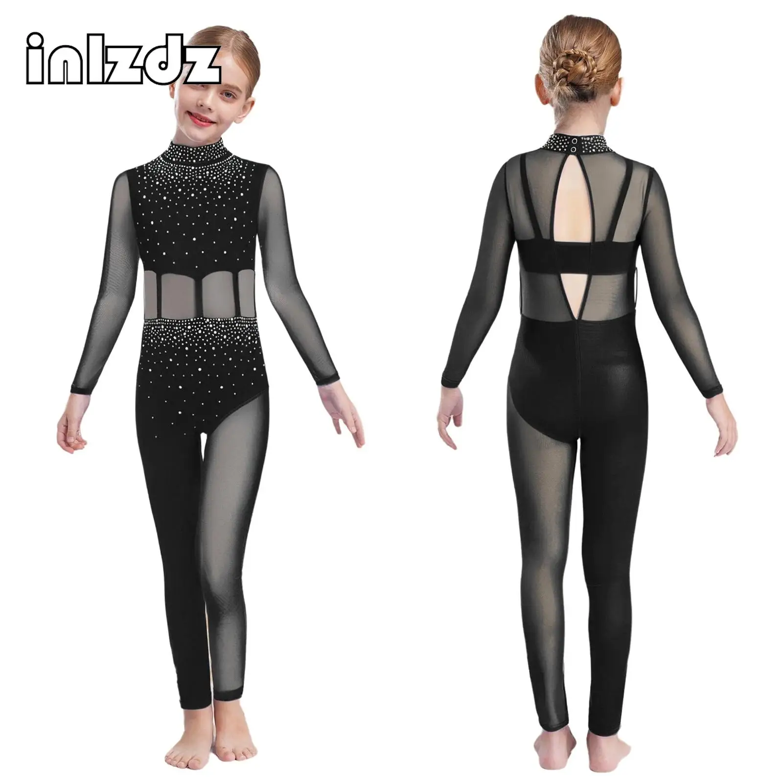 

Kid Girl Long Sleeve Sparkly Rhinestones Ballet Dance Leotard Workout Full Body Suit Gymnastics Jumpsuits Figure Skating Costume
