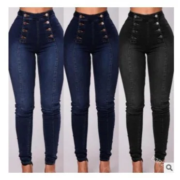 Women High Waist Jeans Pencil Pants Washed Vintage Pockets Double Breasted Slim Fit Ankle Length Trousers 2024 Casual Denims