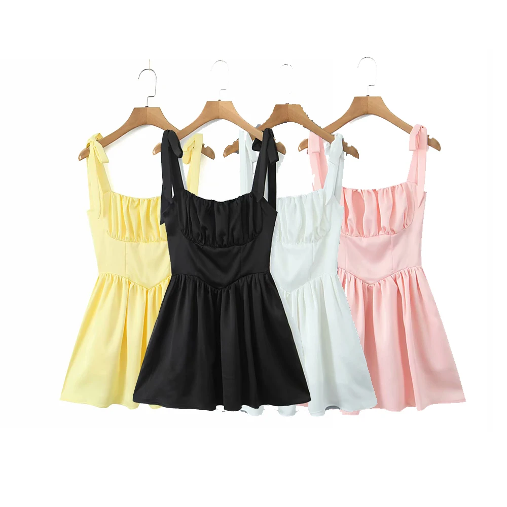 KONDALA Elegancka Damska Francuska Słodka Żółta Sukienka z Drapowaniem, Sukienka Mini na Urodziny z Odkrytymi Plecami, Sznurowana Moda 2025 Lato Mujer Vestidos