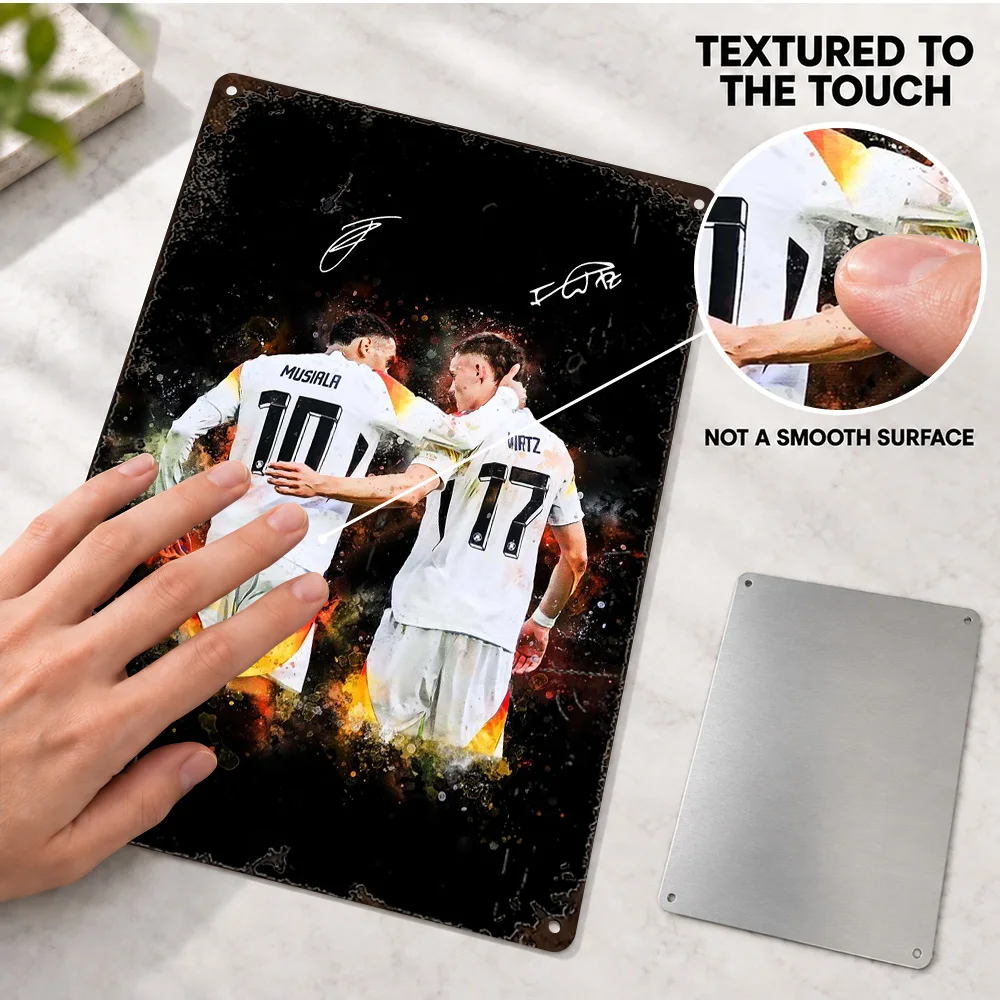 Jamal Musiala And Florian Wirtz Soccer Aluminum Poster Personalized Metal Sign Watercolor Illustration Wall Art For Home Office