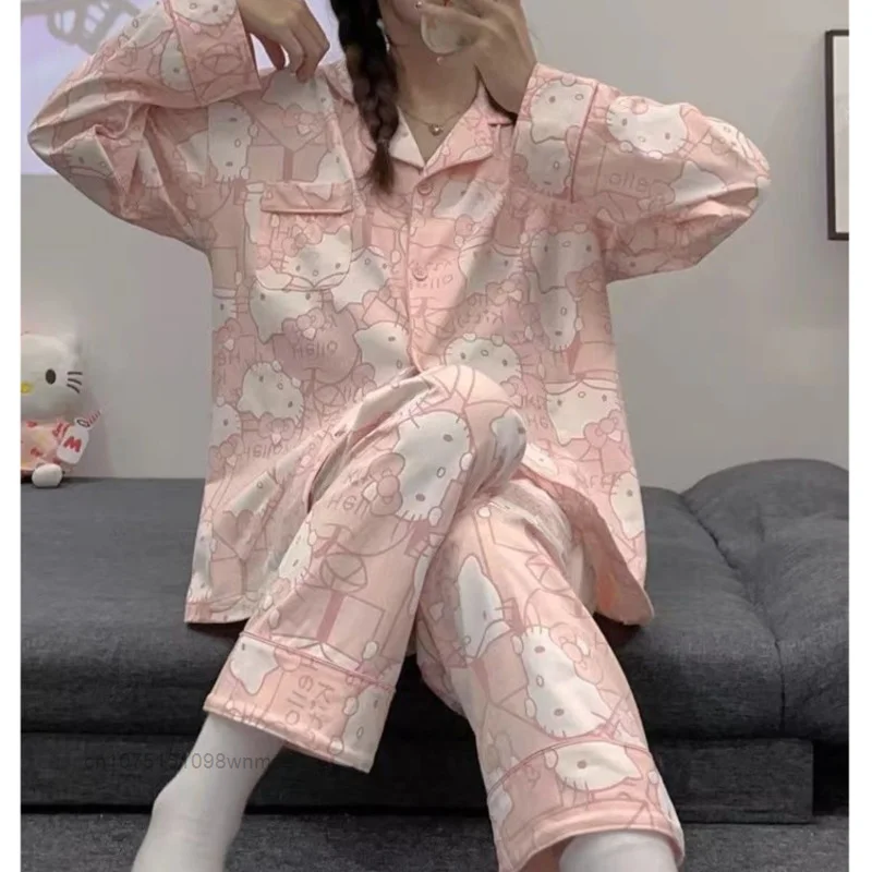 Sanrio Cute Hello Kitty Pink 2 Pcs Pajamas Set Women\'s Spring and Autumn Long Sleeved New Cartoon Casual Home Sleepwear Suit