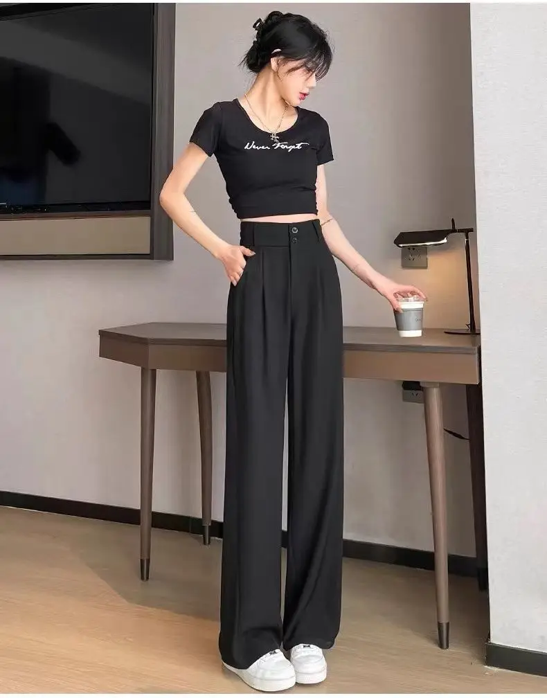 Elegante Weite Hosen für Damen im Koreanischen Stil mit Hoher Taille, Schwarze Baggy-Hosen, Büro-Damenmode, Lockere Anzughosen, Streetwear – Detail 13