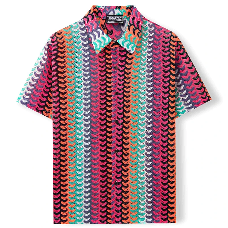 Summer Leisure Breathable Knit Shirts Mens Stylish Colorful Striped Crochet Shirt For Men Casual Buttoned Lapel Knitted Cardigan