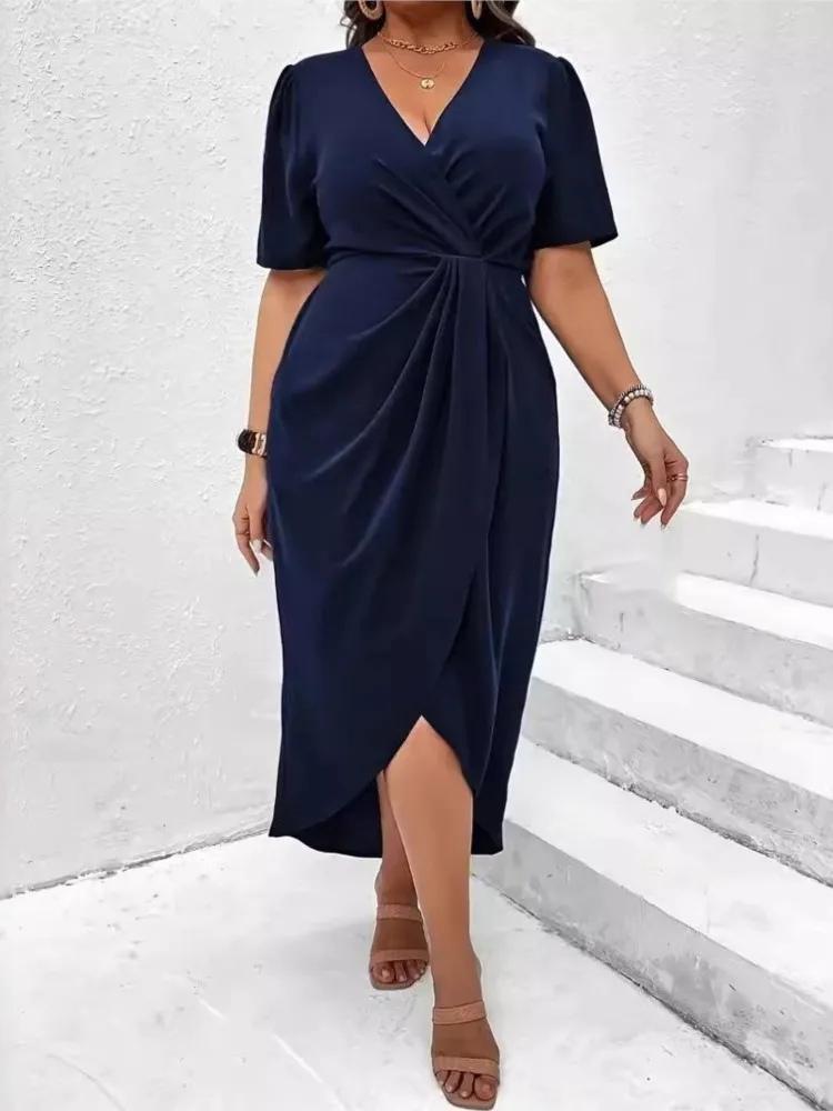 Plus Size Summer V-Neck Midi Dress Women Irregular Ruffle Pleated Fashion Slim Waist Ladies Dresses Short Sleeve Woman Dress