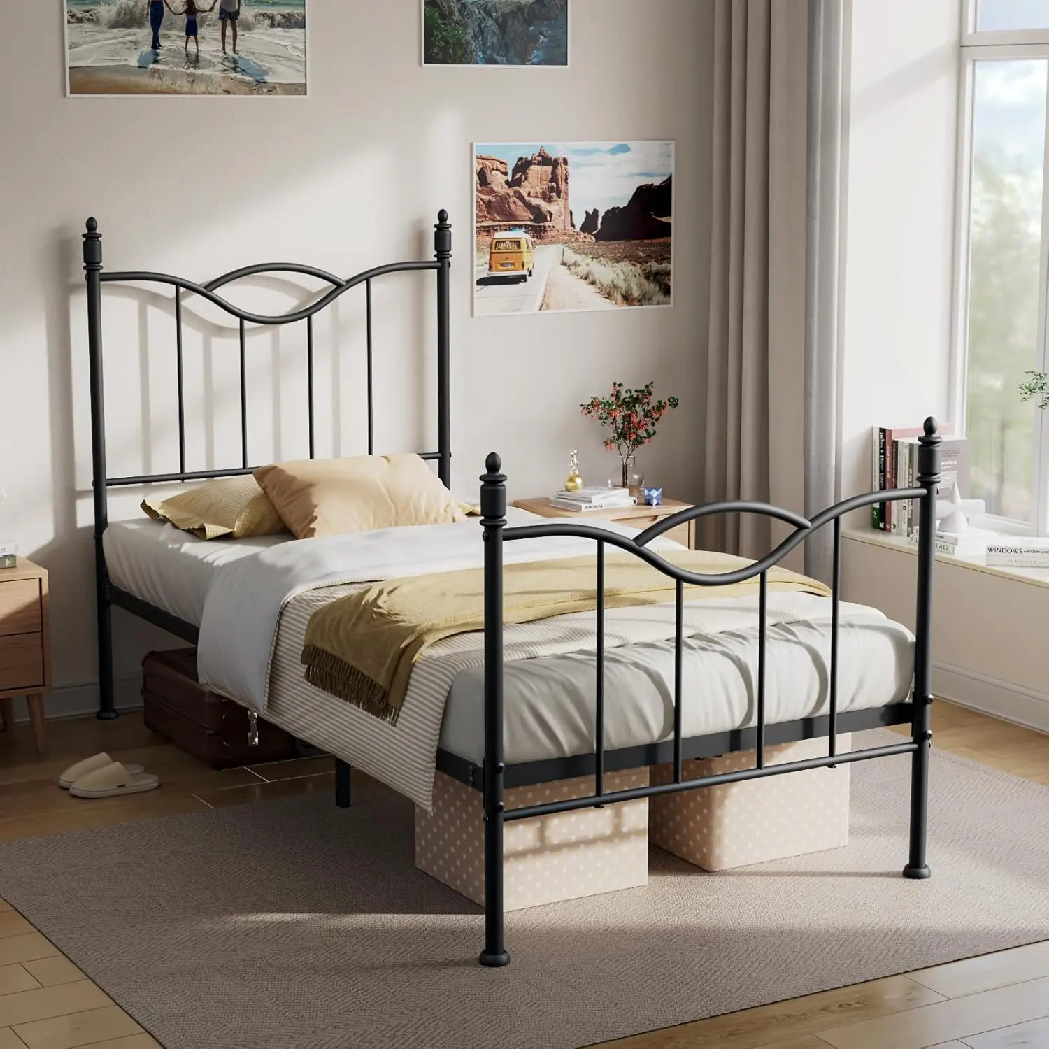 

Twin Size Bed Frame With Headboard,Metal Platform Bed Frame Mattr Foundation With Footboard, Under Bed Storage, Strong Metal
