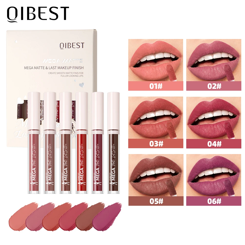 QIBEST 6-Farben-Matt-Flüssig-Lippenstift-Sets, wasserfest, Lippenschlamm, nackt, lila Lipgloss, langlebig, rote Lippenfleck-Tönung, Make-up-Sets