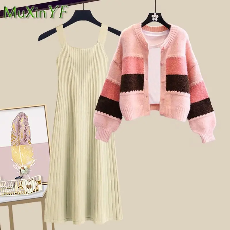 Women 2023 Autumn Winter New Matching Set Korean Elegant Knitted Sweater+Dress Two Piece Female Loose Cardigan Strap Skirt Suit