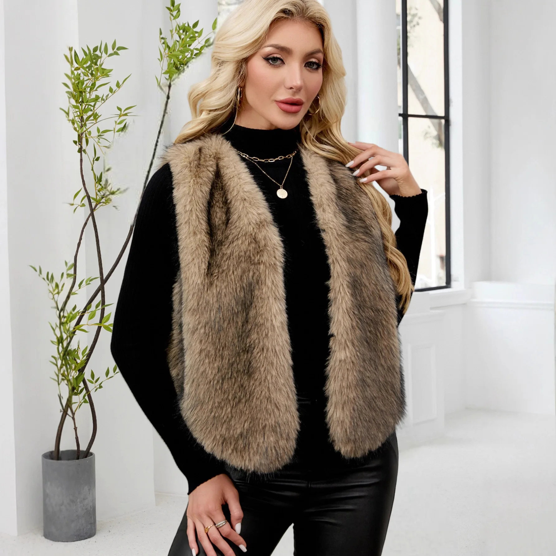 Faux Fur Vest Women Vests V Neck Short Sleeveless Tops Spring