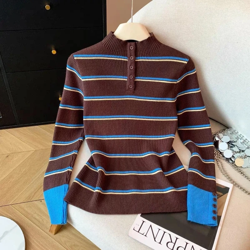 

Women Clothes Slim Knitting Contrast Patchwork Sweet Pullovers Autumn Winter Long Sleeve All-match Fashion Sweaters Casual Trend