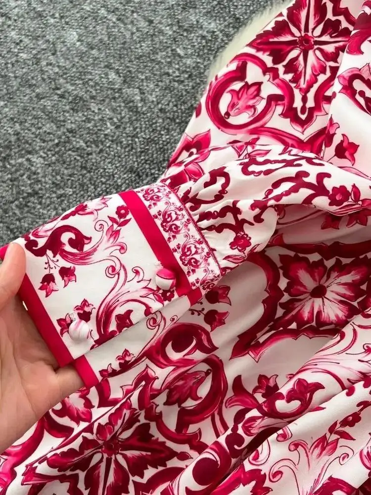 女性用磁器マキシドレス,赤,青,白,スタンドアップカラー,シングルブレスト,ベルト,ロングドレス,ルーズフィット,春と秋の休暇