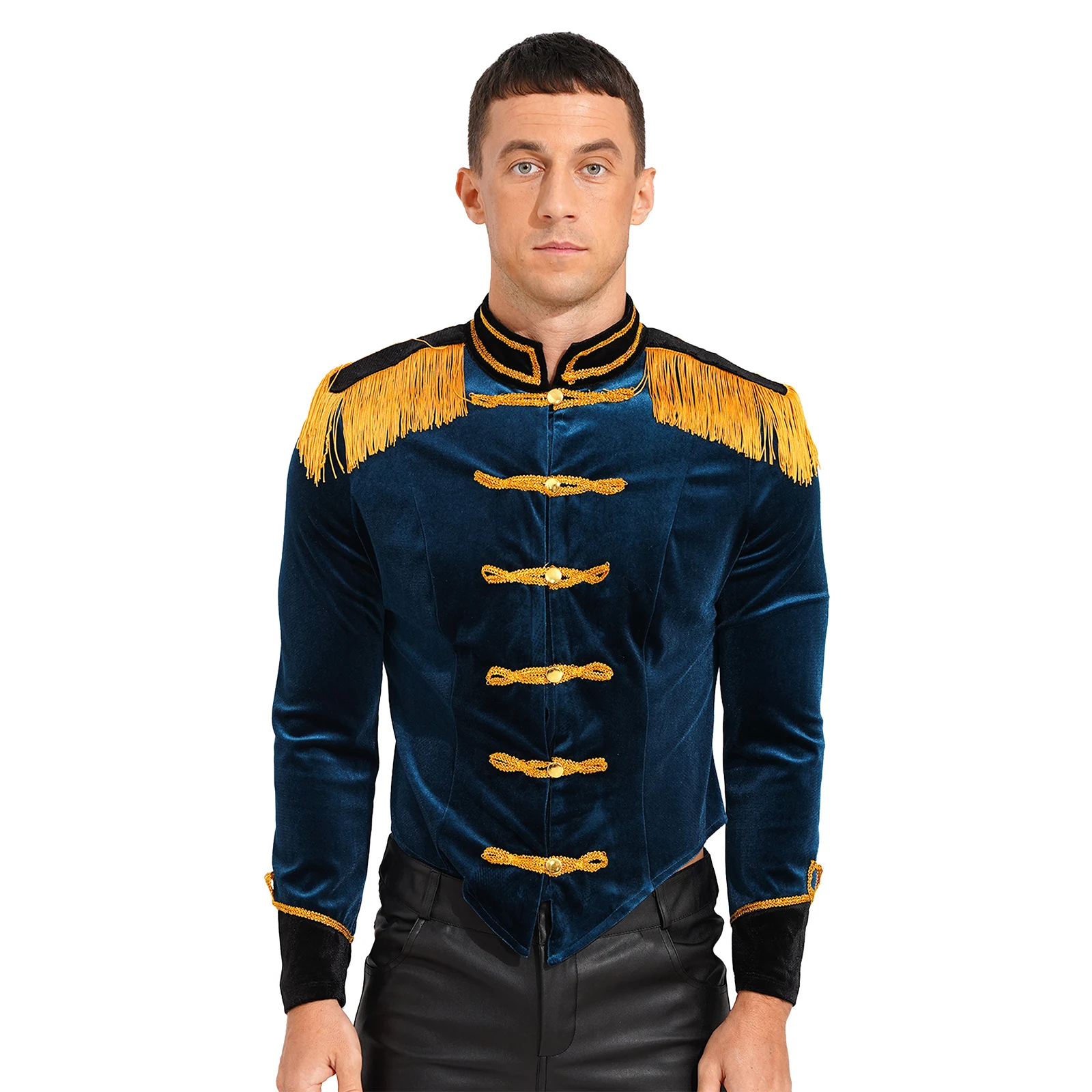 Mens Showman Victorian Tailcoat Tops Ringmaster Circus Cosplay Costume Stand Collar Fringed Shoulder Board Velvet Jacket Coat