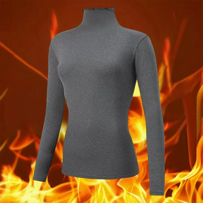 Autumn And Winter Women's Solid Color High Neck Warm Base Shirt Casual Sports Plus Size Long Sleeved Top Pile Collar T-shirt