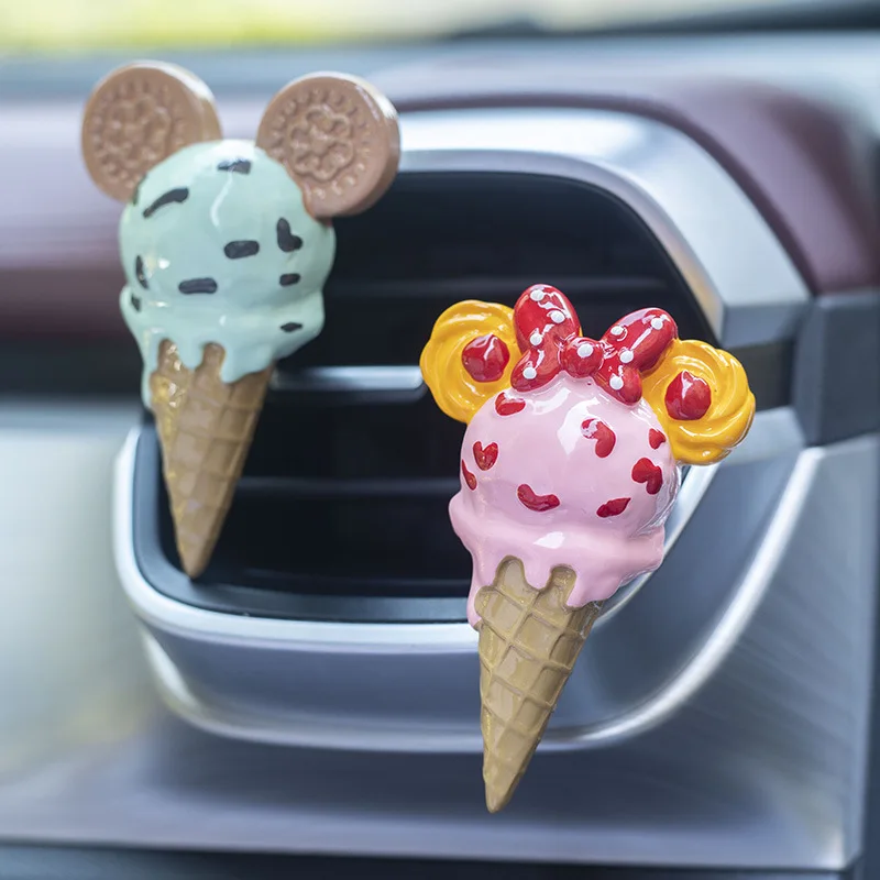 Disney Anime Cute Mickey Minnie Ice Cream Model Ornaments Car Air Freshener Cartoon Auto Vent Perfume Air Outlet Fragrance Decor