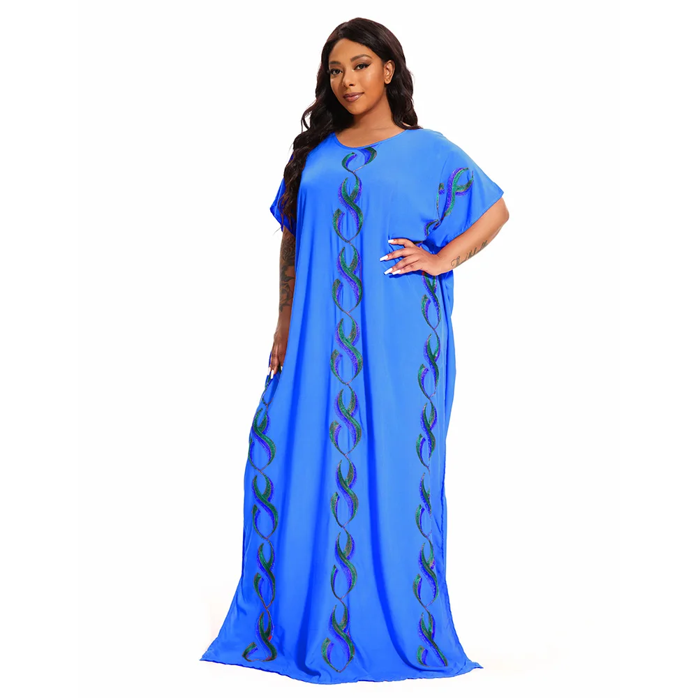 Abayas For Women Dashiki 100% Cotton Islam Pure Color Sequins Cotton Kaftan Short Sleeve Maxi Loose African Elegant Moroccan