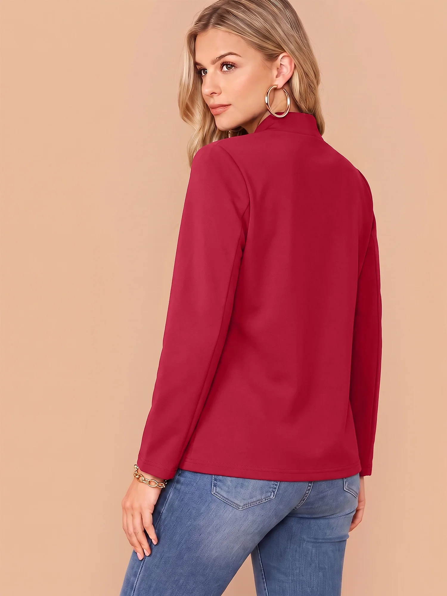 Women Slim Fit Mandarin Collar Blazer Solid Long Sleeve Open Jacket Office Work Casual Outer Coat