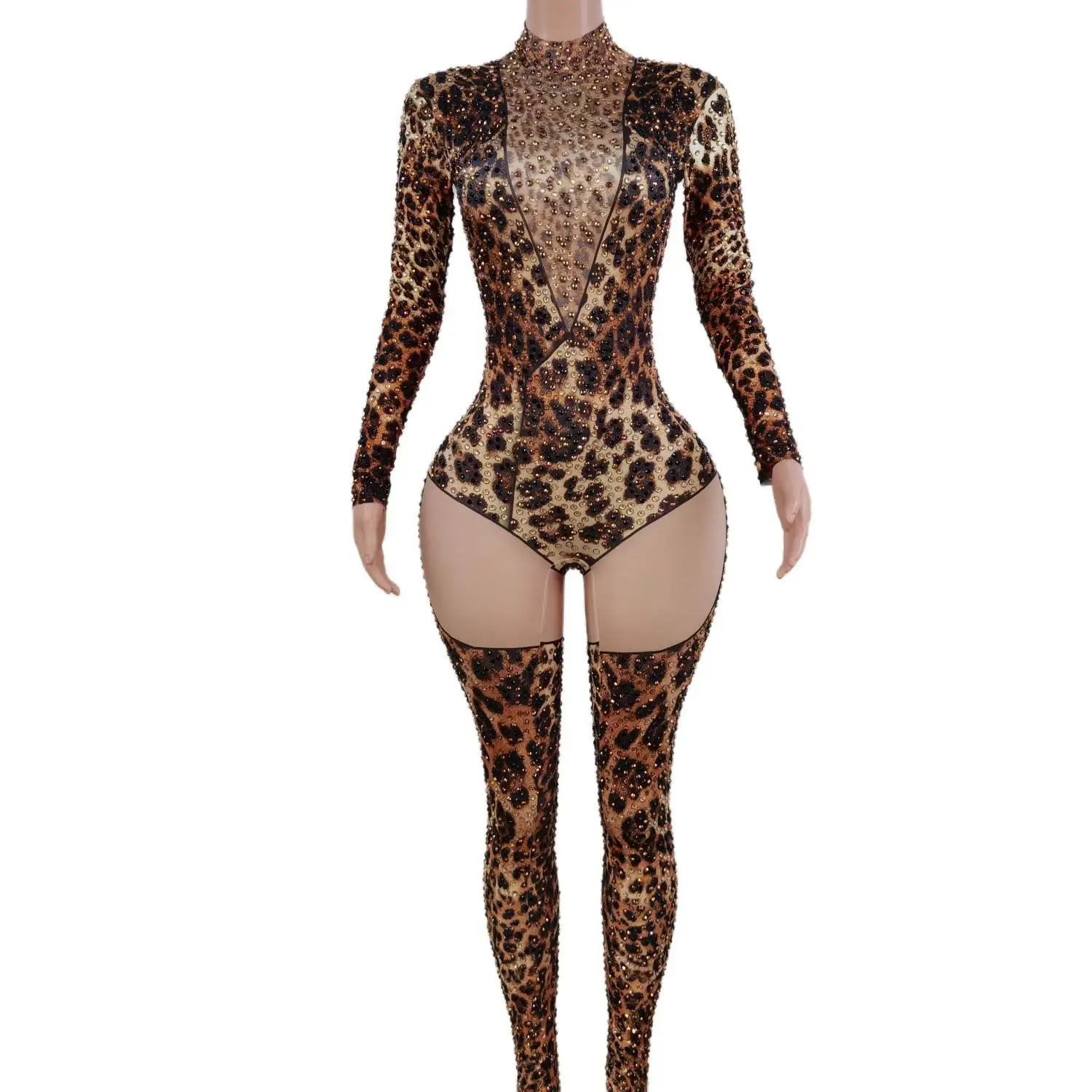 

Fashion Long Sleeves Leopard Print Spandex Bodysuit Sexy Club Outfit Show Dancer Leotard Rhinestone Rompers Women Party Jumpsuit