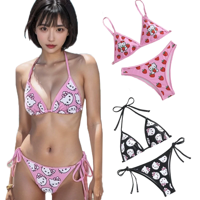 

New Sanrio Hello Kitty Kuromi Girls Swimwear Bikini Kawaii Kuromi New Summer Cartoon Separate Swimsuit Beach Bathing Suits Gift