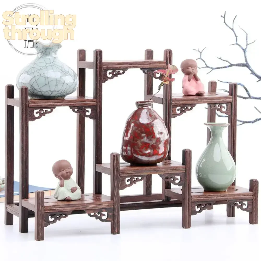 

Multi Chinese Retro Storage Rack Chicken Wing Solid Wood Purple Teapot Tea Set Shelf Racks Display Stand Organizer