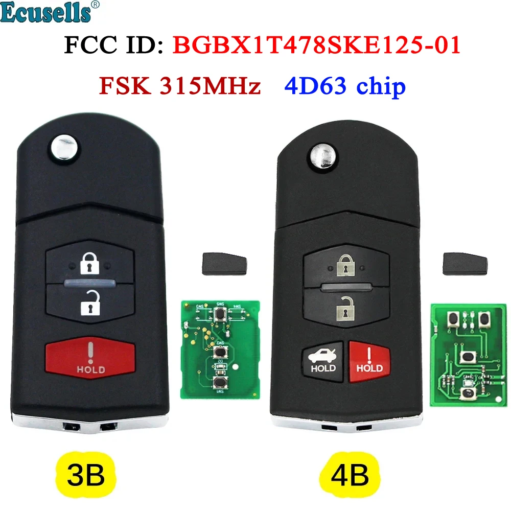 

Ecusells Folding Flip 3 Button FSK 315MHZ with 4D63 80bits Chip Remote Key Fob for Mazda 2 5 CX-7 CX-9 FCCID BGBX1T478SKE125-01