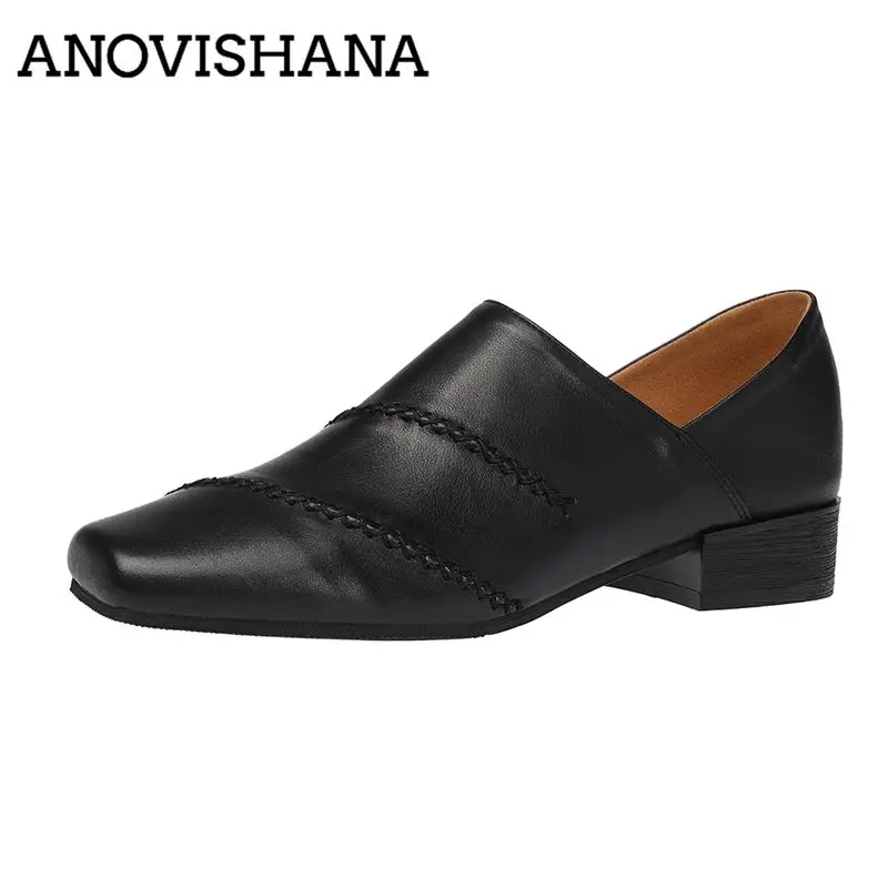 ANOVISHANA Designer Genuine Leather Female Low-Cut Shoes Clean Square Toe Slip Roman Style Loafer Shoes Footwear Extended